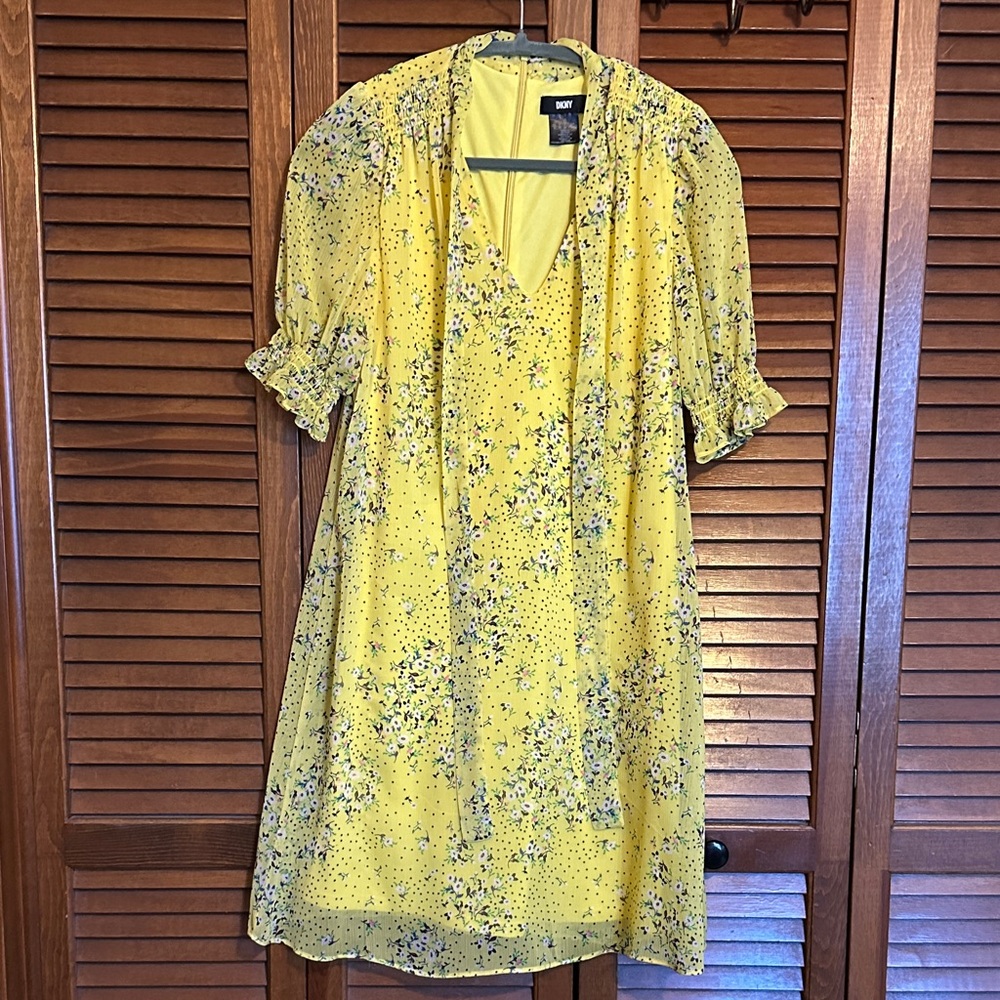DKNY Yellow Floral A-Line Dress | Sheer Puffed Sleeves | Size 6